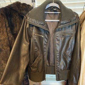 Vanity Brown Faux Leather Bomber Jacket size L